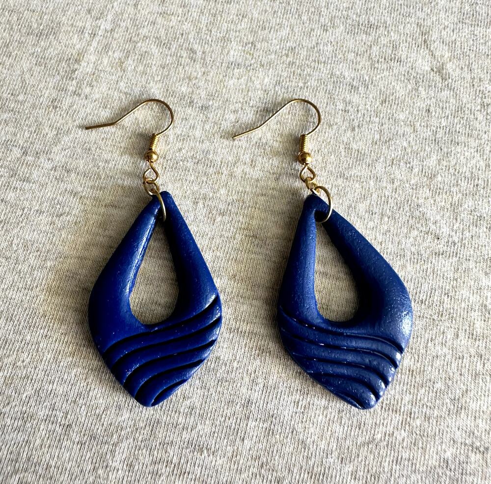 Handmade Navy Teardrop Wave Polymer Clay Earrings